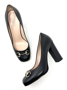 NEW Gucci Baby Bit Horsebit Chunky High Heels Pumps Shoes Black Leather 36.5 6.5